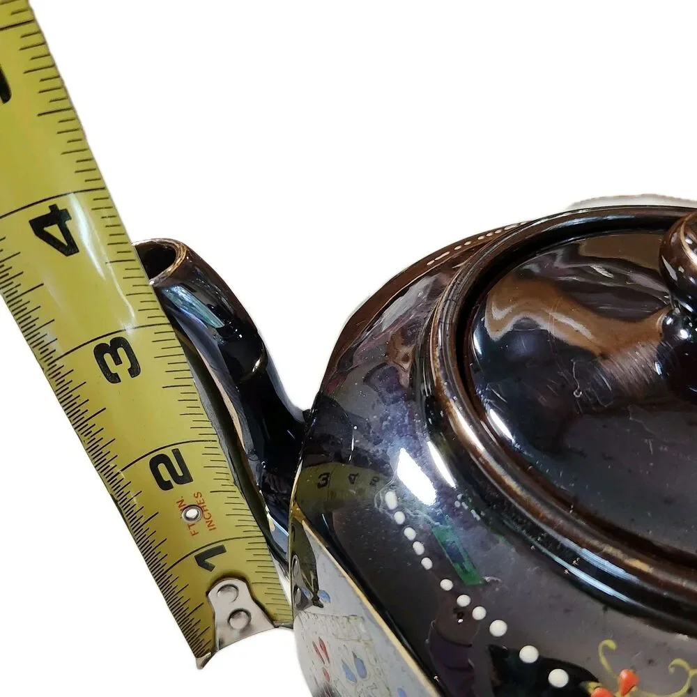 Vintage Japanese Teapot Brown Glazed Gold Trim Hand Painted 8 Sided Ceramic
